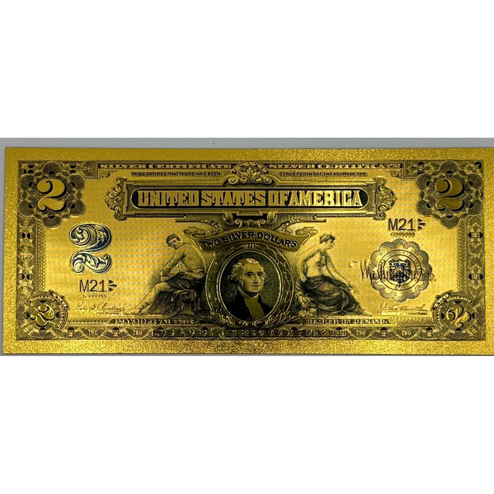 1899 $2 Silver Cert George Washington 24k Gold Foil Dollar Bill Novelty